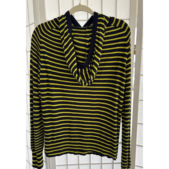 Women’s Style & Co Striped Navy Yellow Hoodie Long Sleeves Front Pocket FLAW - Picture 2 of 9